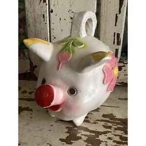 Mexico Folk Art Chalkwsre Plaster Piggy Bank Handmade 1970s Flowers